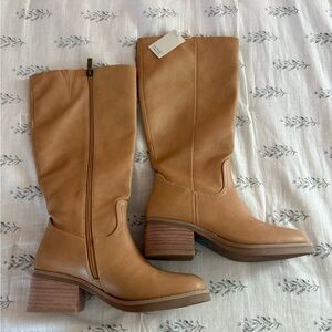 Joie Tan Leather Mid-Calf Block Heel Boots